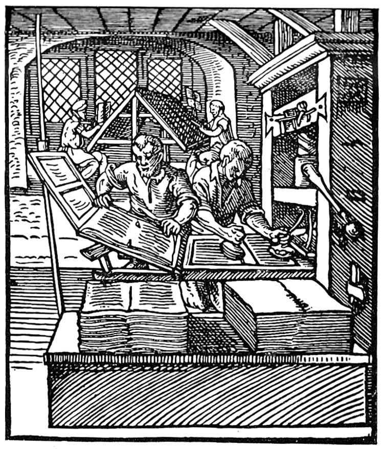 Der Buchdrucker, Holzschnitt von Jost Amman aus dem Ständebuch, Frankfurt 1568