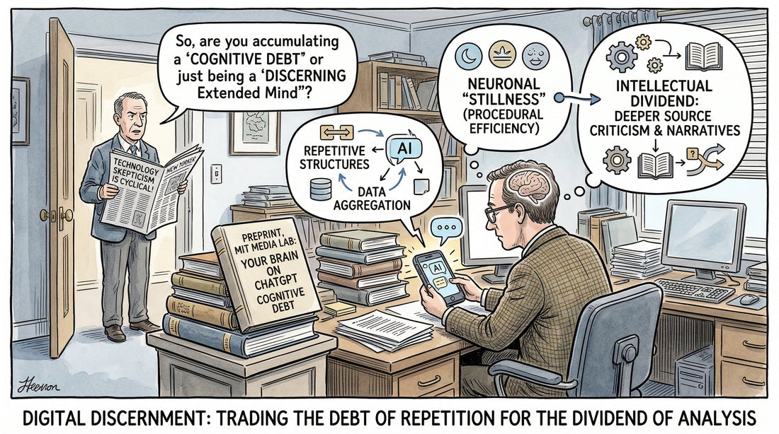 Karikatur: Intellektueller delegiert Aufgaben an KI und gewinnt kognitive Dividende.