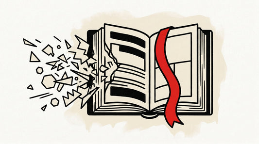 Abstrakte schwarz-weiße Illustration eines aufgeschlagenen Buches, das wie ein Schutzschild zersplitternde geometrische Formen abwehrt. Ein leuchtend rotes Lesezeichen dient als einziger Farbakzent.