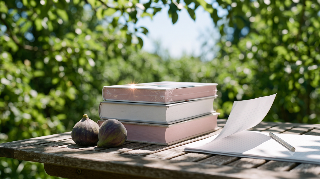 Bücherstapel im Sommerlicht mit rosafarbenem Buchschnitt und zwei Feigen