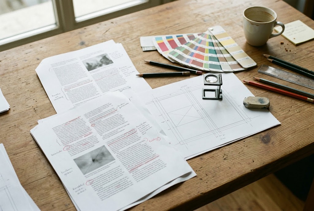 Arbeitstisch im Verlag mit Korrekturfahnen, Farbfächer, Fadenlupe, Bleistiften und einer Kaffeetasse