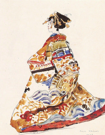 Karl Walser, Geisha im Kimono mit Shishi-Muster, 1908, Bleistift und Aquarell